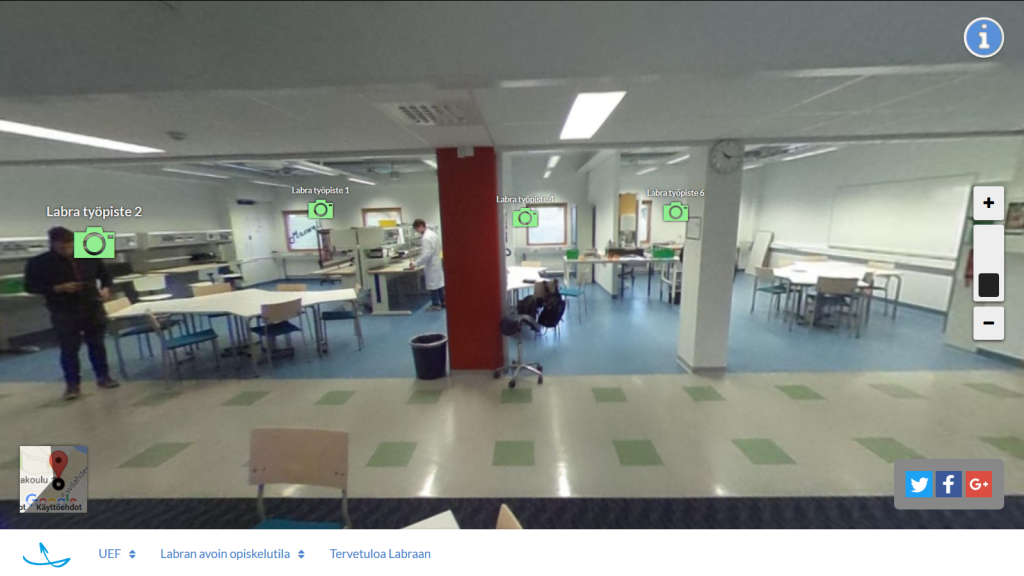 Voit navigoida ympäristössä GoogleStreetview maisesti tilassa ja löytää erilaisia hotspotteja, joissa voi olla erilaisia oppimisaihioita.